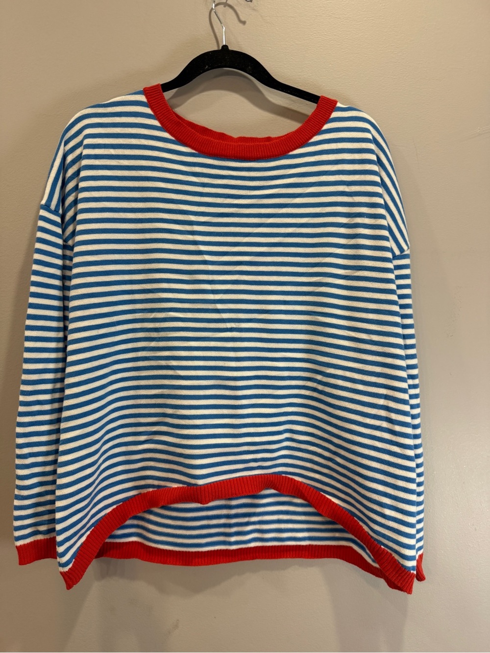 Amazon Blue and White Striped Crewneck Sweater with Red Trim